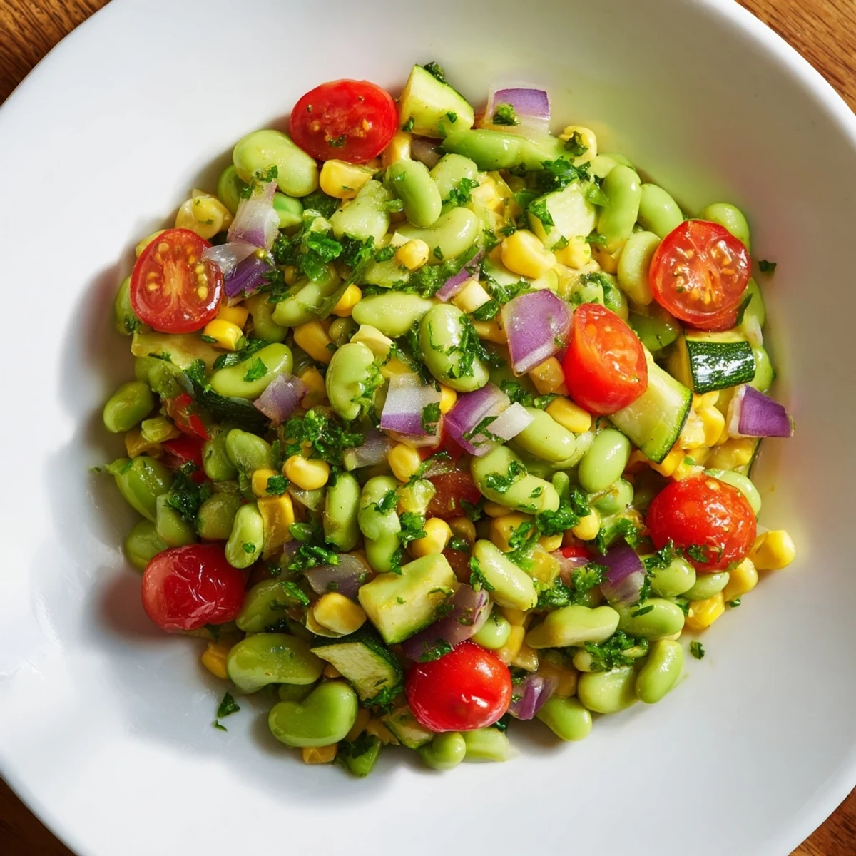 A close-up of Succotash with Lima Beans and Corn, featuring tender beans, golden corn, and diced red bell pepper in a rustic skillet.