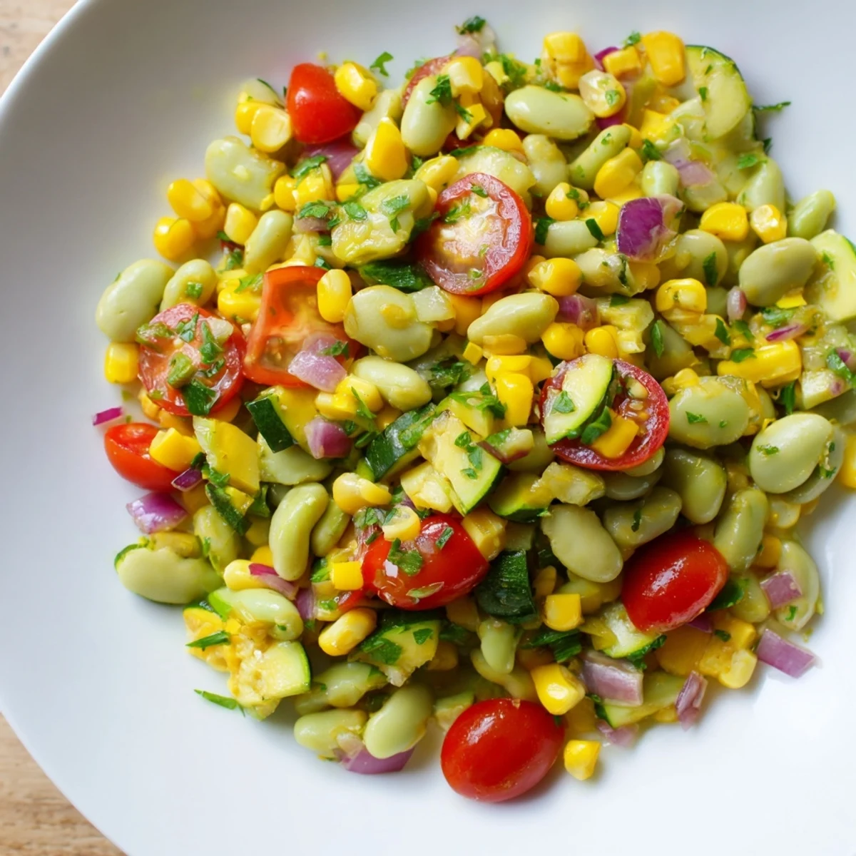 Vibrant Succotash with Lima Beans and Corn, simmering in a skillet with zucchini and red onion, steam rising for a comforting side dish.