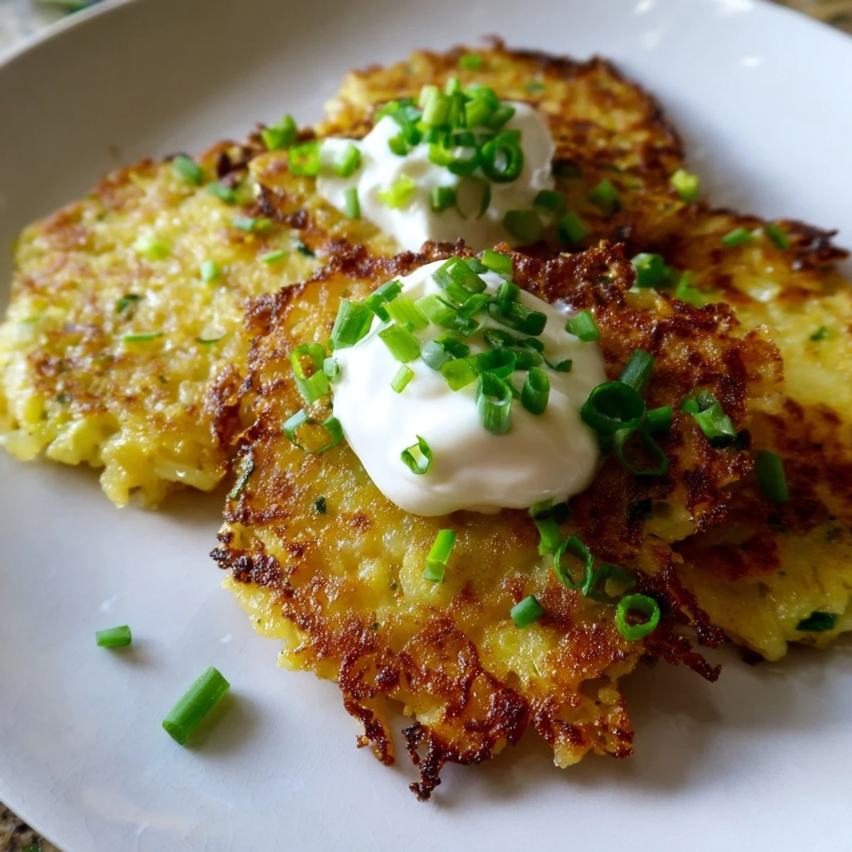 Hot Potato Cakes with Scallions and Sour Cream served as a side dish for a family dinner.  