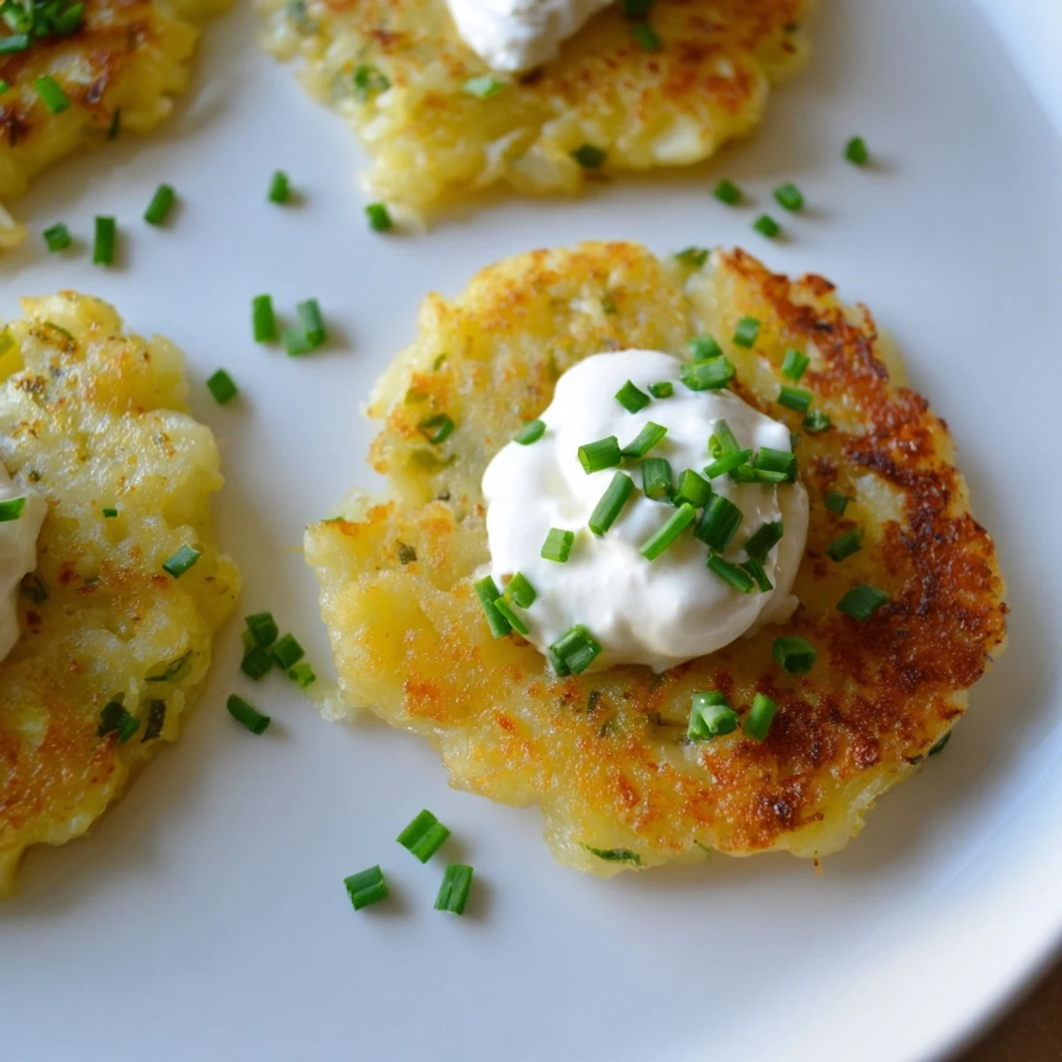 Golden, crispy Potato Cakes with Scallions and Sour Cream, garnished with fresh chives on a rustic plate.  