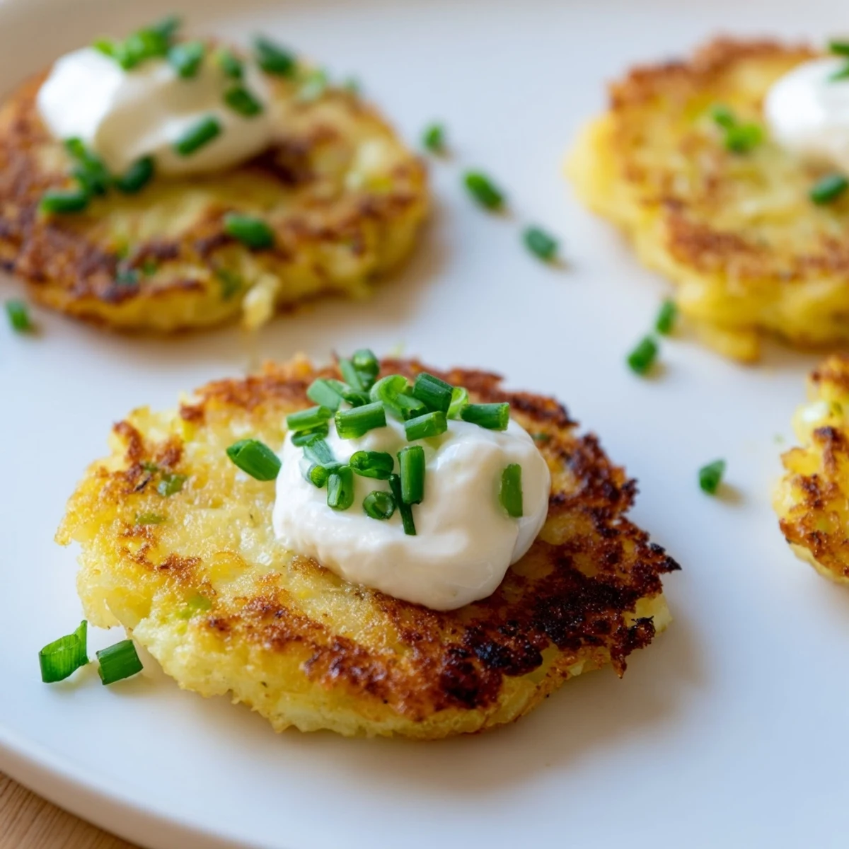 A close-up of golden Potato Cakes with Scallions and Sour Cream, ready to be enjoyed.