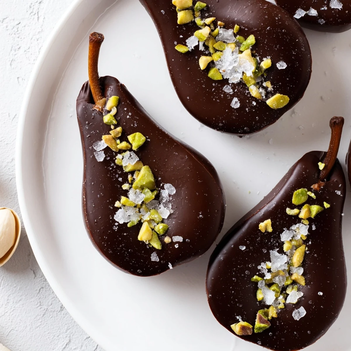 A close-up of chocolate-covered pears on a baking sheet, served as an elegant gluten-free dessert.  