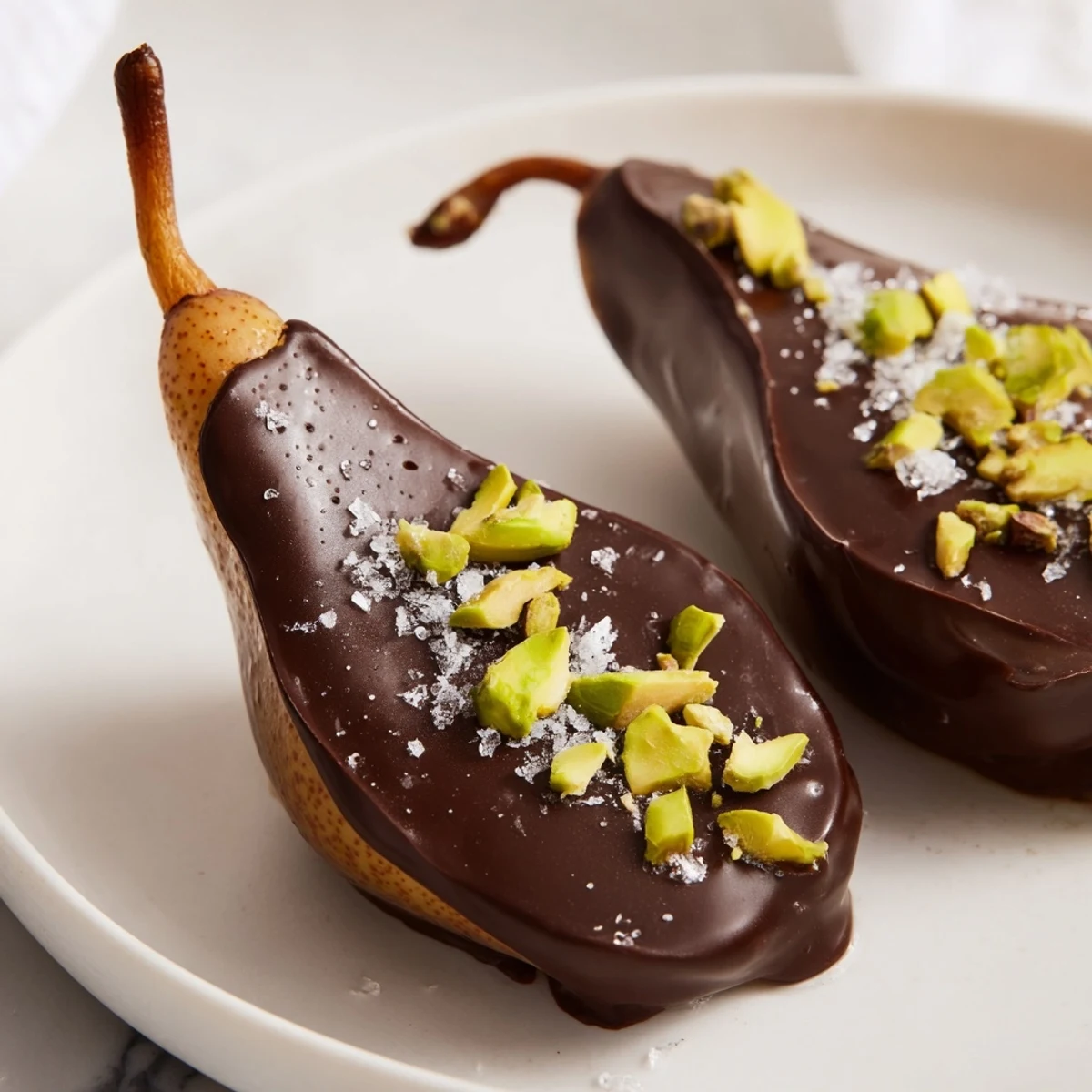 Juicy pear halves coated in glossy dark chocolate and sprinkled with flaky sea salt and chopped pistachios.  