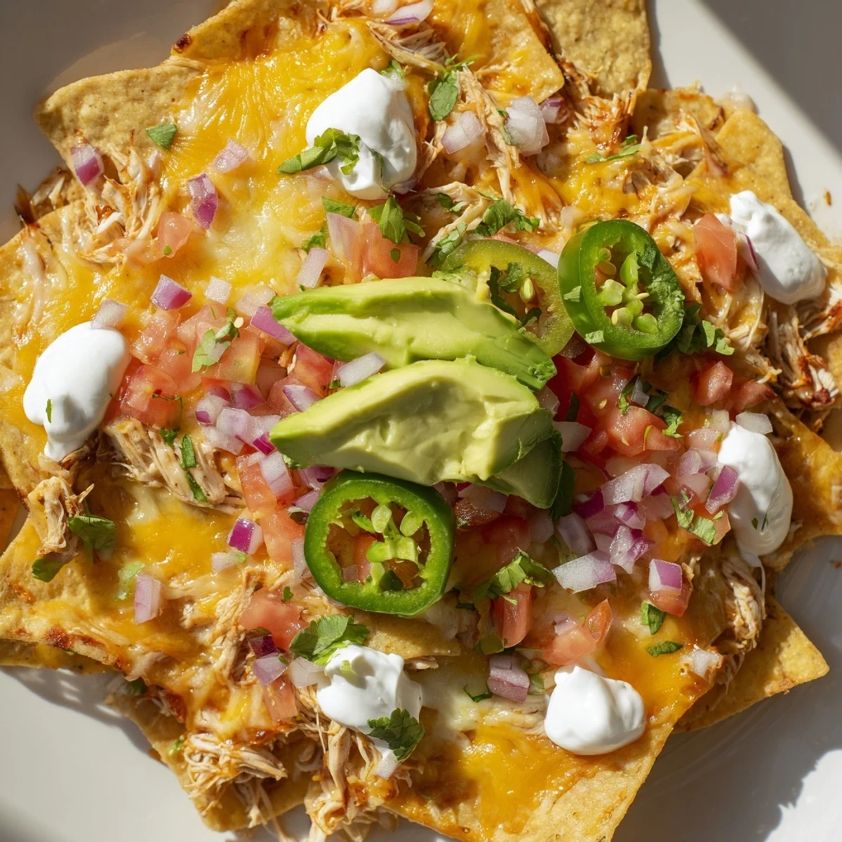Golden-brown tortilla chips piled high with tender pulled chicken, melted cheddar and Monterey Jack, spicy jalapeños, and fresh avocado and tomato.