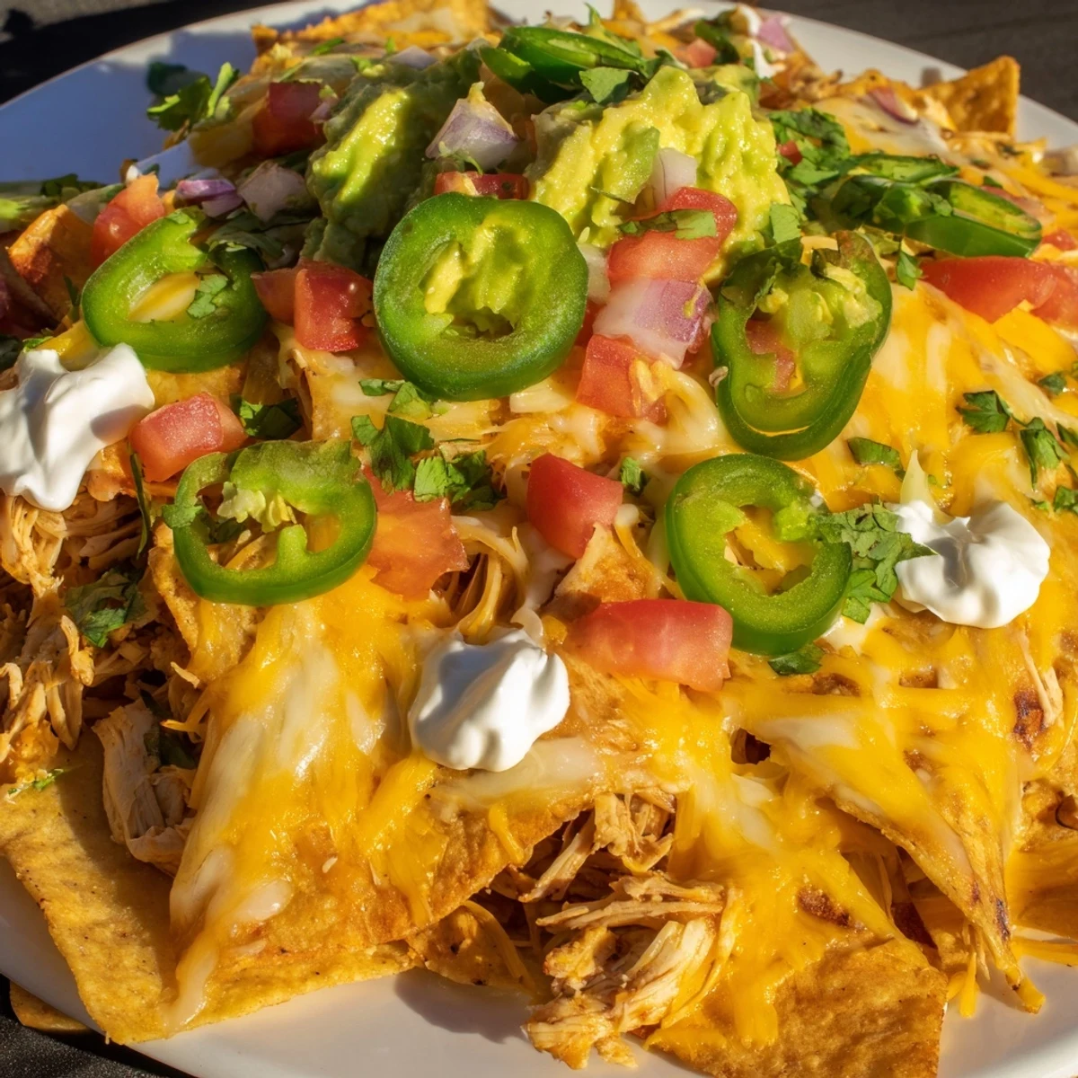 This loaded Pulled Chicken Nachos platter is baked until bubbly and topped with cool sour cream and lime wedges for serving.