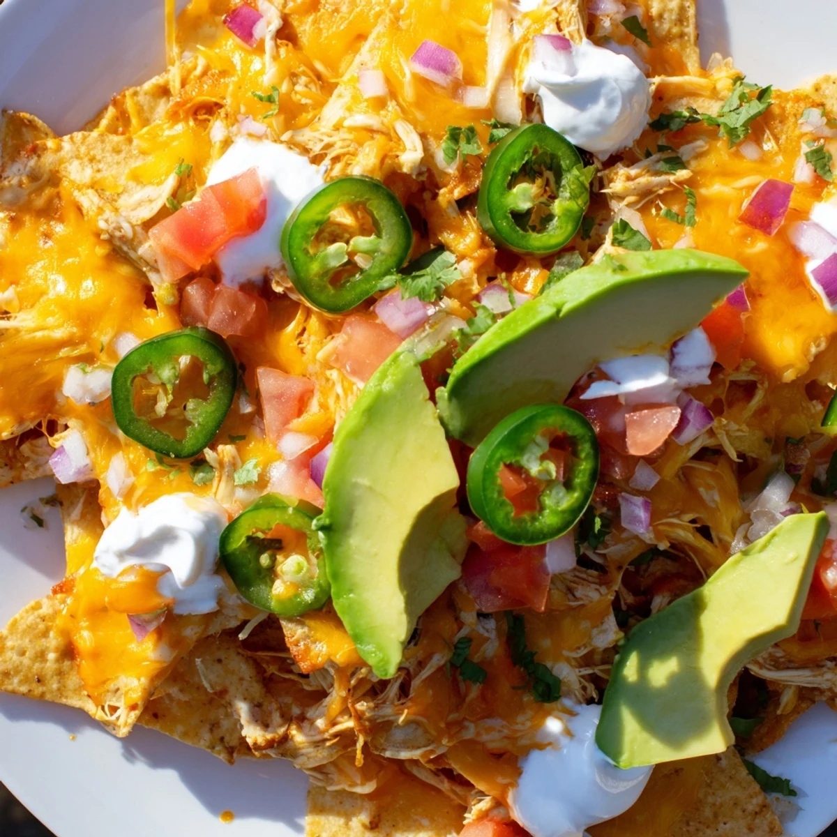 Crispy, cheesy Pulled Chicken Nachos with jalapeños, red onion, and cilantro garnish are perfect for a casual, festive game-day snack.