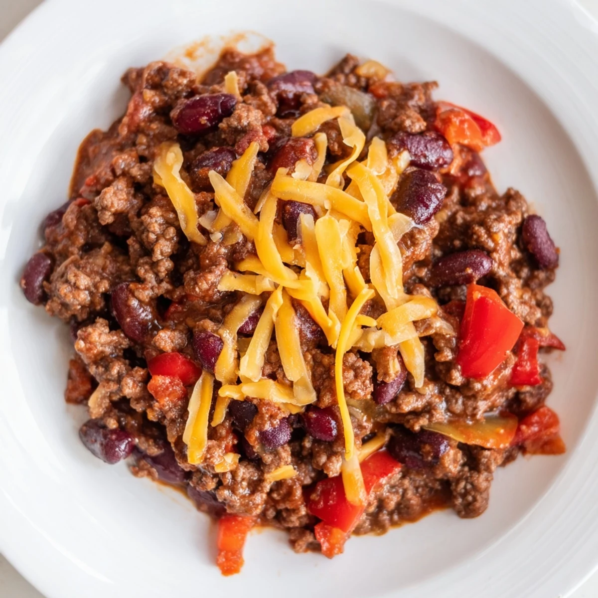 A bowl of Spicy Beef Chili with Cheddar Cheese, topped with melted sharp cheddar and fresh green onions for a comforting, hearty meal.