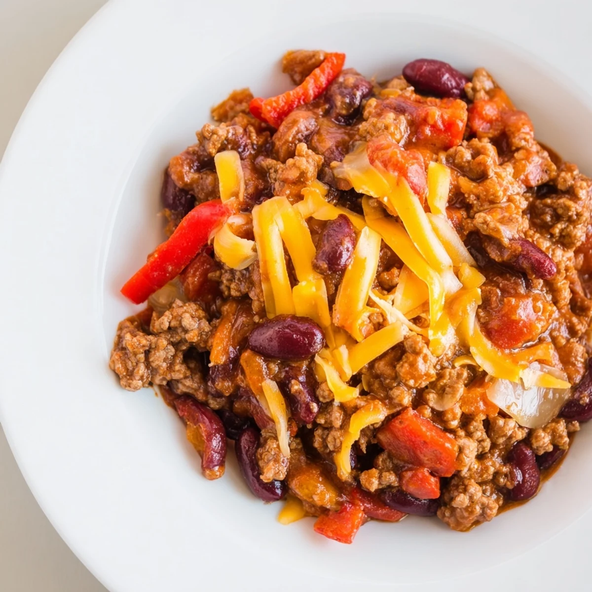 Close-up of Spicy Beef Chili with Cheddar Cheese garnished with cilantro, showing rich tomato broth and melted cheese in a pot.