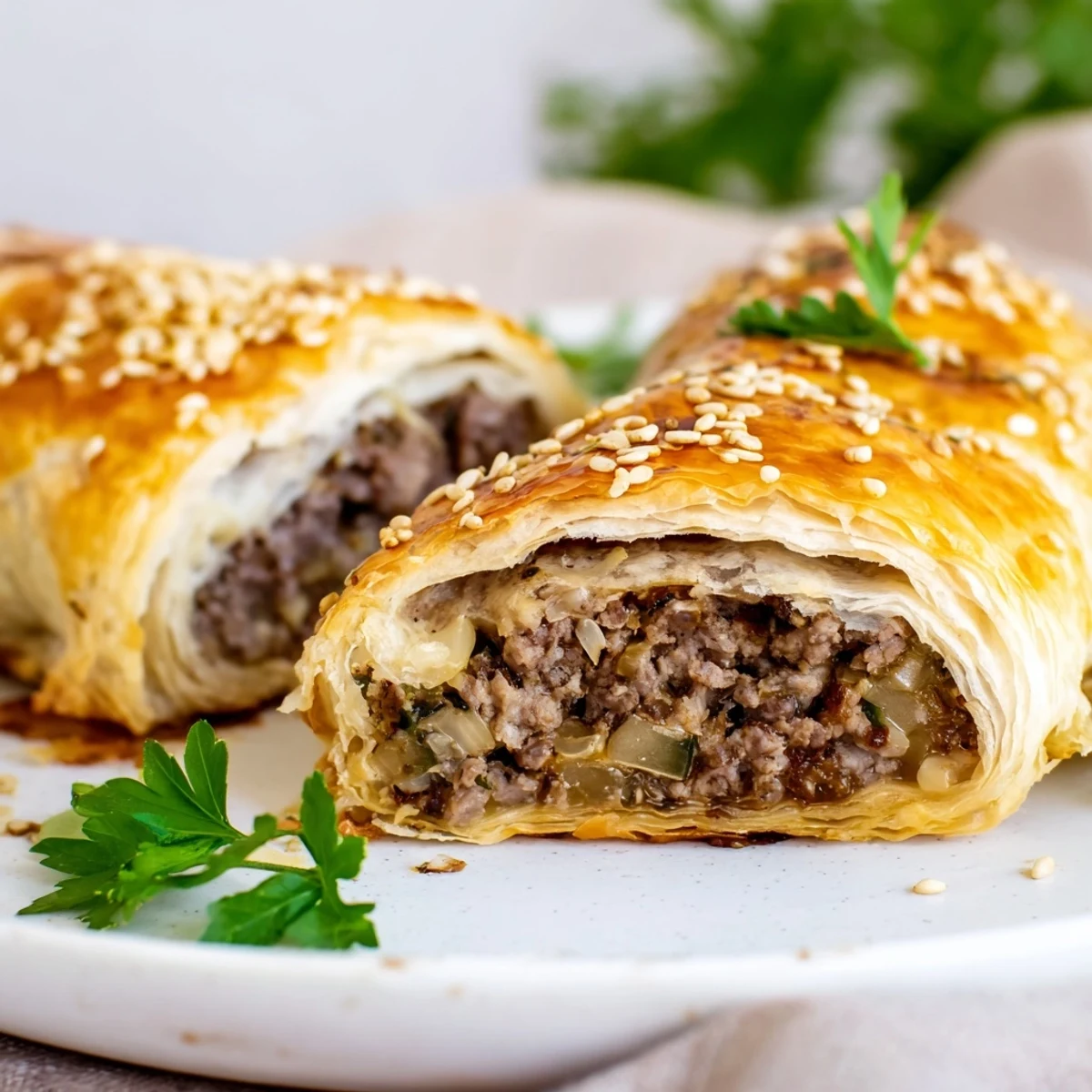 Golden, flaky Sausage Rolls with Puff Pastry and Beef, baked until crisp and served warm for appetizers.