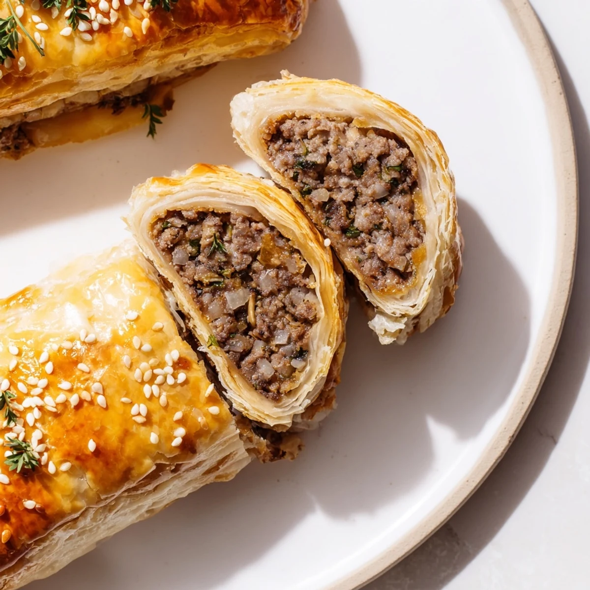 A close-up of Sausage Rolls with Puff Pastry and Beef, garnished with sesame seeds on a baking sheet.