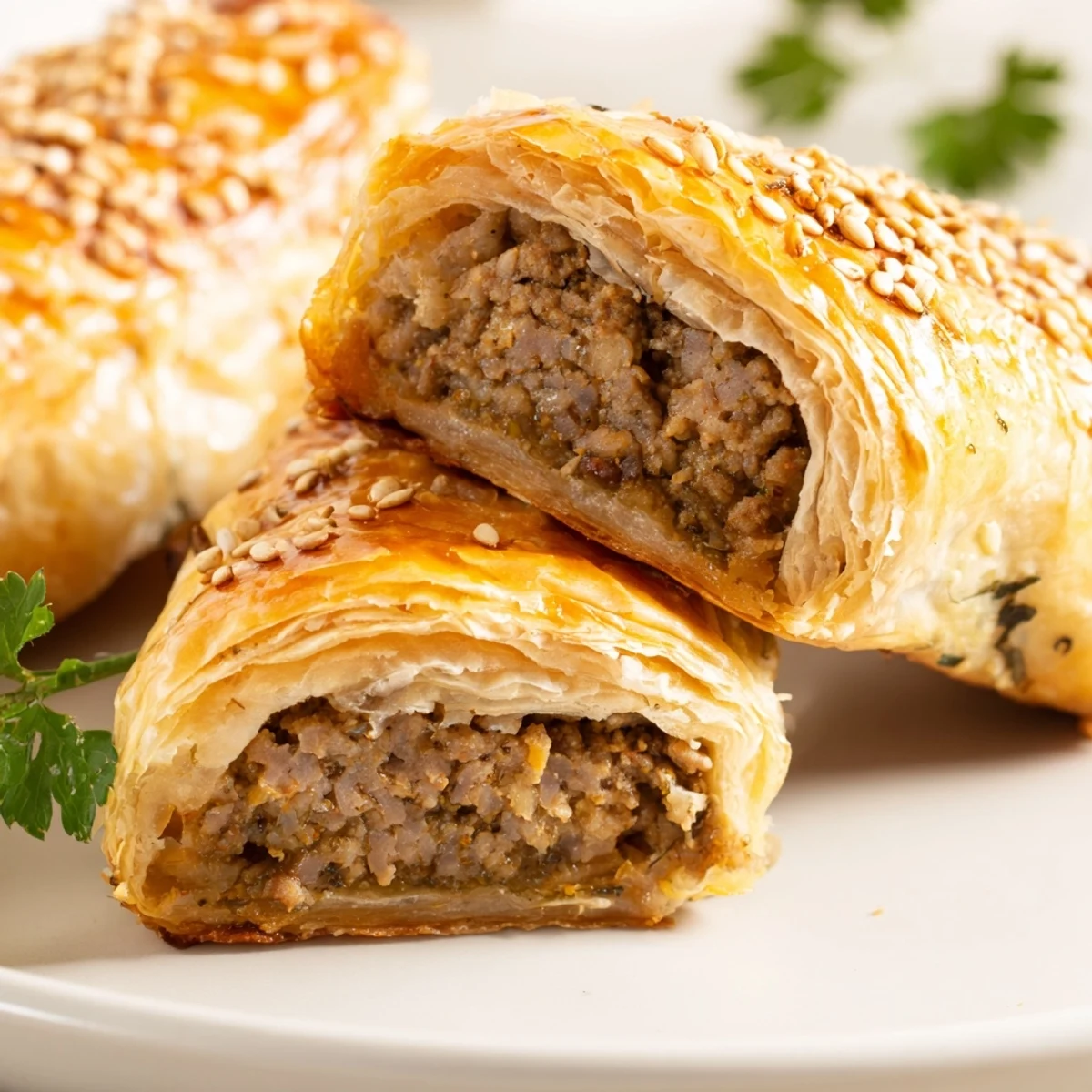 Freshly baked Sausage Rolls with Puff Pastry and Beef, sliced open to reveal the savory filling, ready to serve.