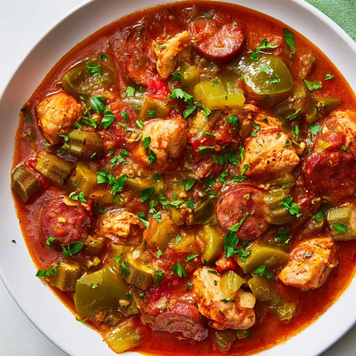 Chicken and Sausage Stew with Okra simmering in a Dutch oven, with smoky sausage and vibrant okra slices visible in the thick, savory sauce.  