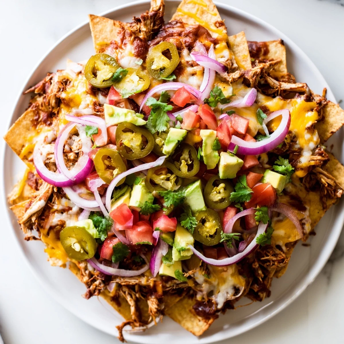 Golden, melted cheddar and Monterey Jack cheese blankets crispy tortilla chips loaded with smoky pulled chicken and pickled jalapeños.