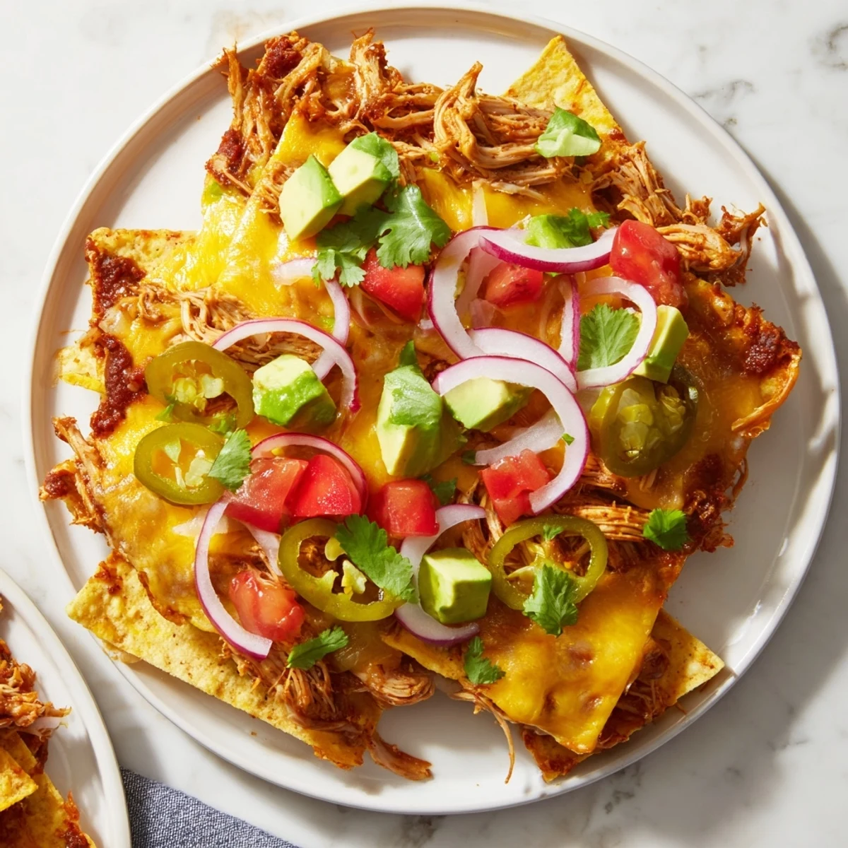 A close-up of baked nachos topped with fresh cilantro, diced tomatoes, and sour cream on the side, perfect for sharing.