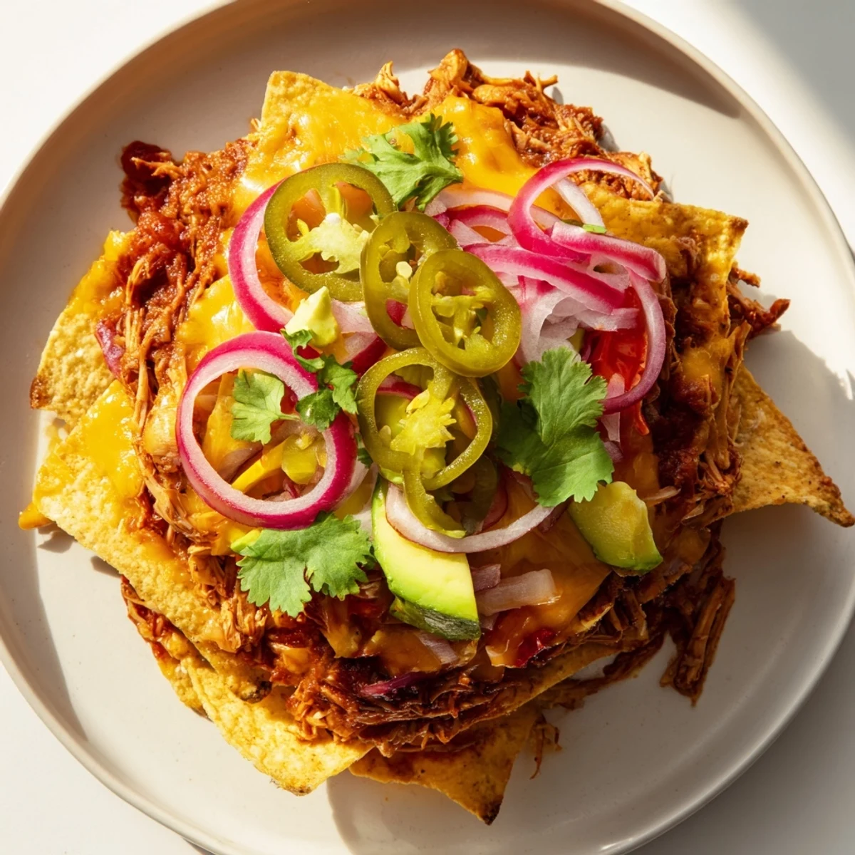 Freshly baked Pulled Chicken Nachos with red onions and avocado, served with lime wedges for a zesty finish.