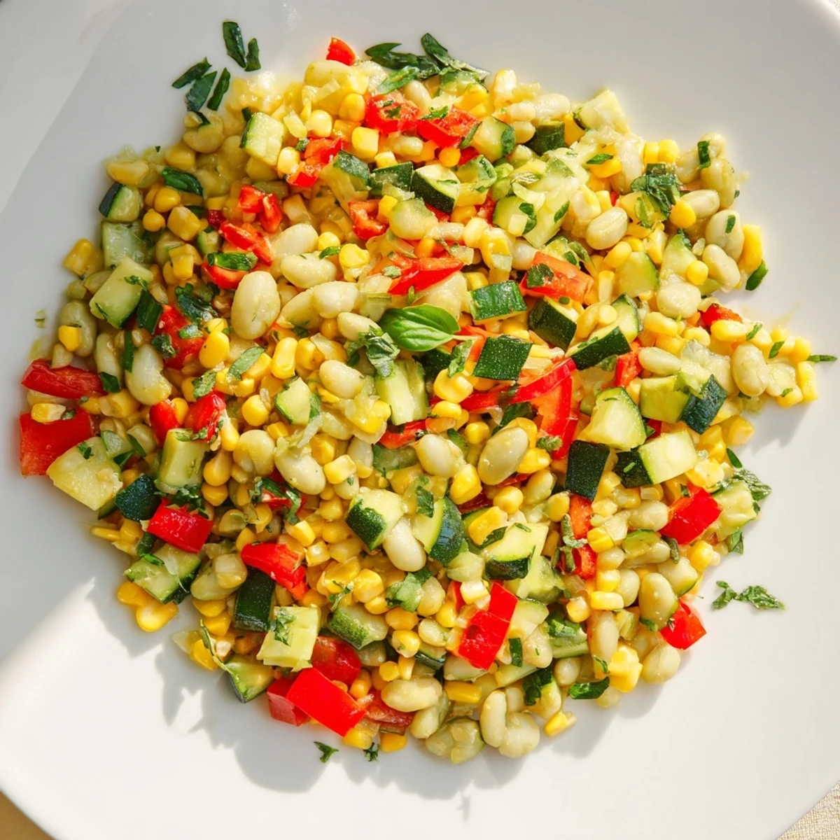 A vibrant bowl of Succotash with Lima Beans and Corn, featuring tender corn, diced red bell pepper, and fresh parsley garnish.