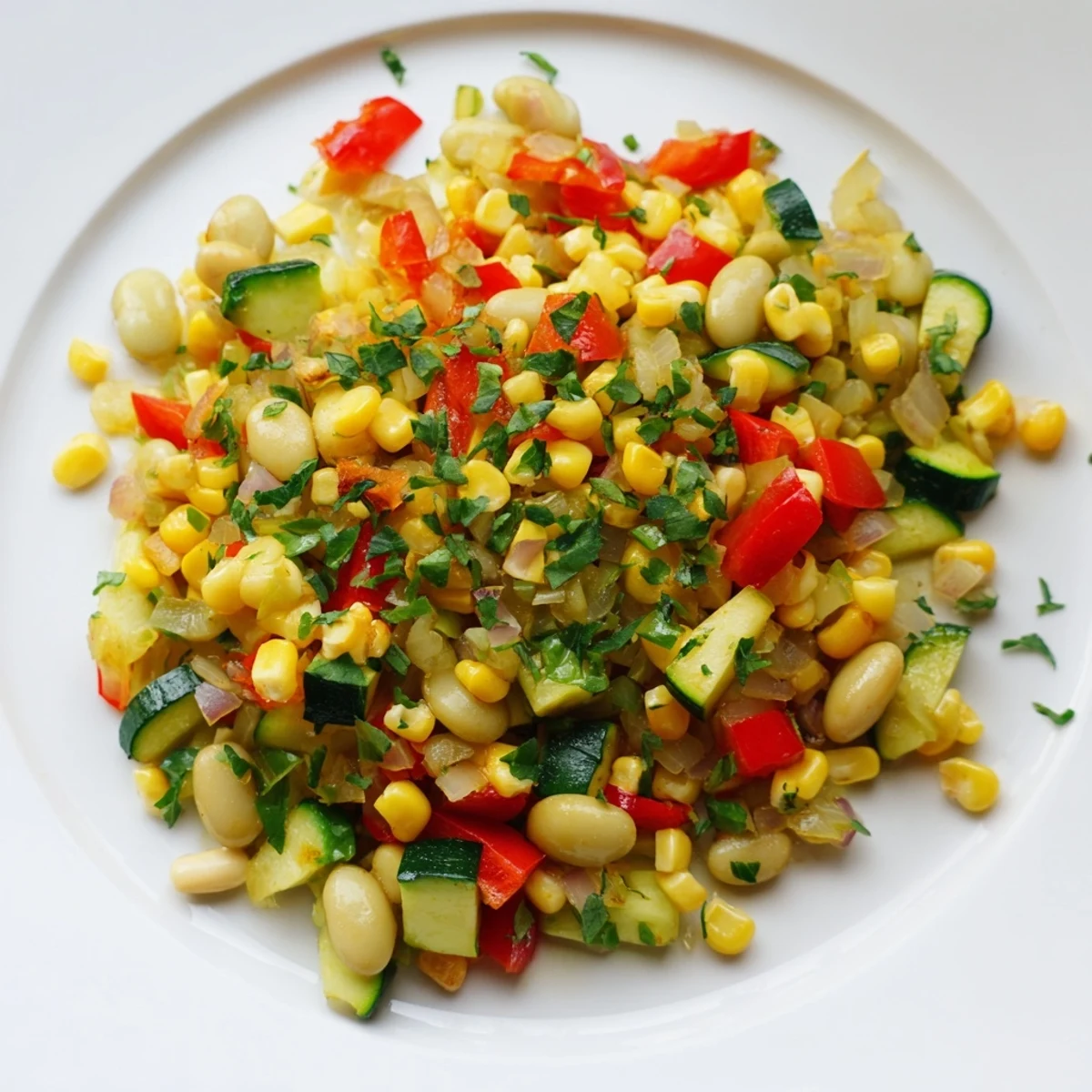 In a skillet, Succotash with Lima Beans and Corn bubbles with sautéed zucchini and red onion, ready to serve warm.