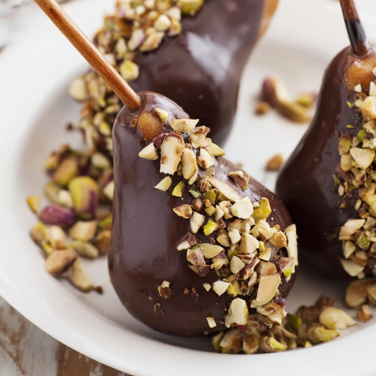 Juicy ripe pears dipped in glossy dark chocolate, garnished with crushed mixed nuts on a marble countertop.