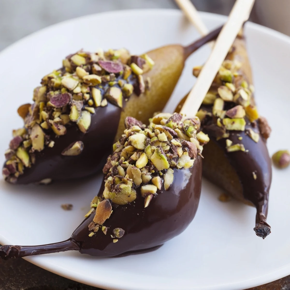 Golden-brown skewered pear halves dipped in rich chocolate, sprinkled with pistachios and almonds for a crunchy treat.