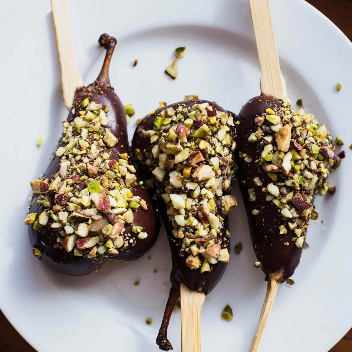 Easy homemade chocolate covered pears topped with chopped walnuts, served chilled as an elegant gluten-free dessert.