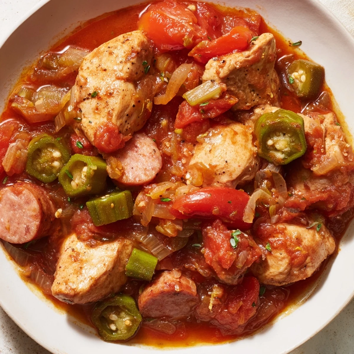 Hearty Chicken and Sausage Stew with Okra served hot over fluffy white rice in a rustic bowl.