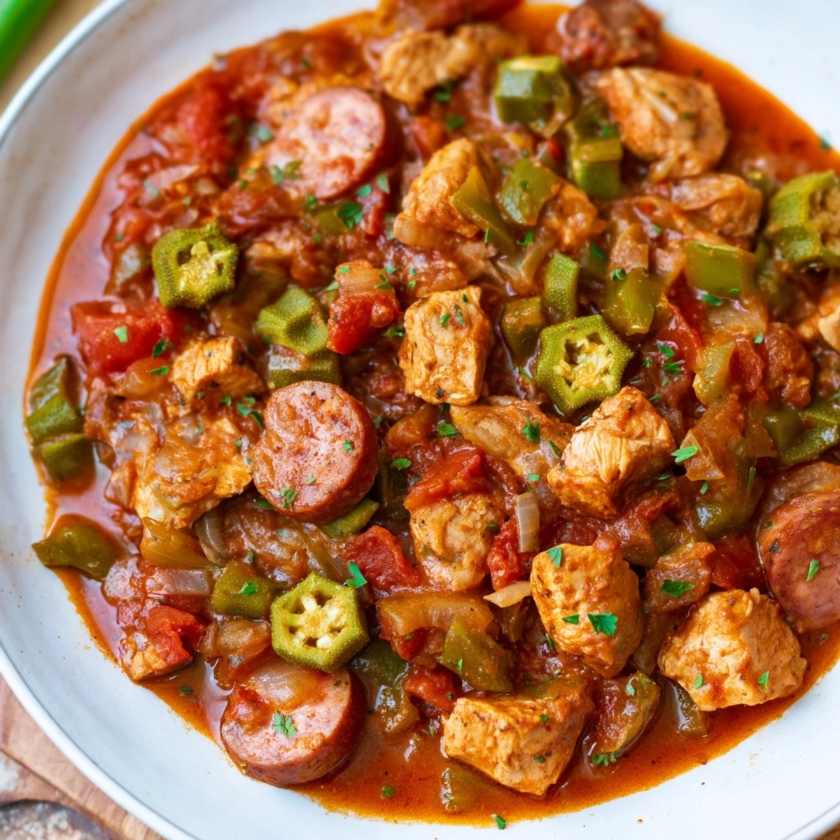 A close-up of Chicken and Sausage Stew with Okra revealing smoky sausage and tender chicken in tomato broth.