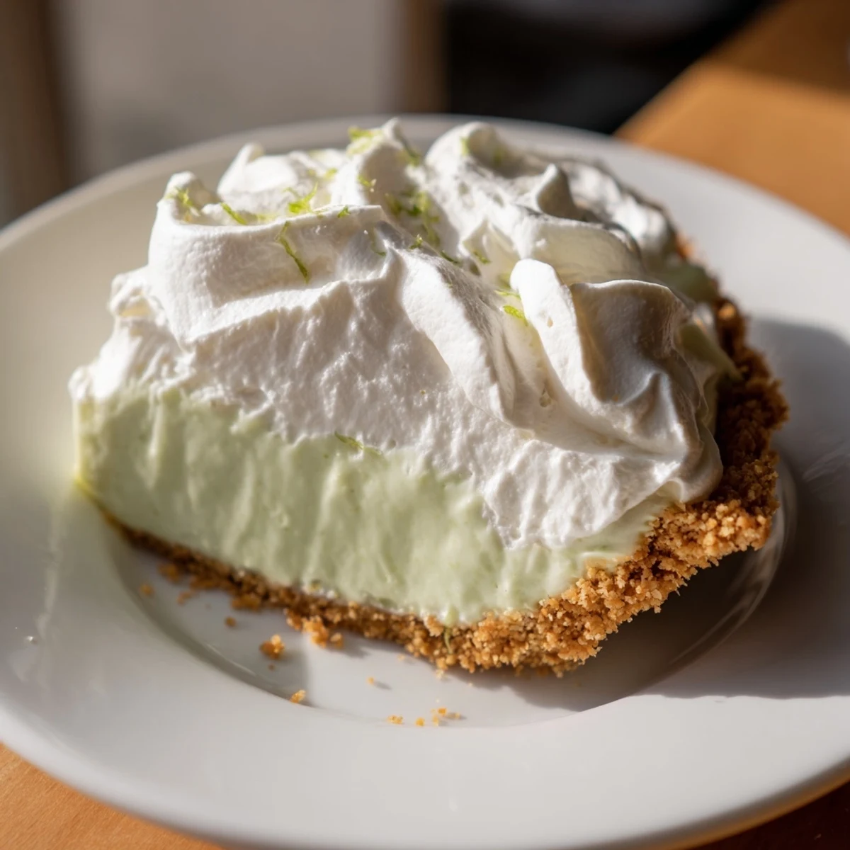 A slice of Key Lime Pie with Whipped Cream Topping sits on a plate, featuring a creamy, pale green filling and a fluffy white dollop.
