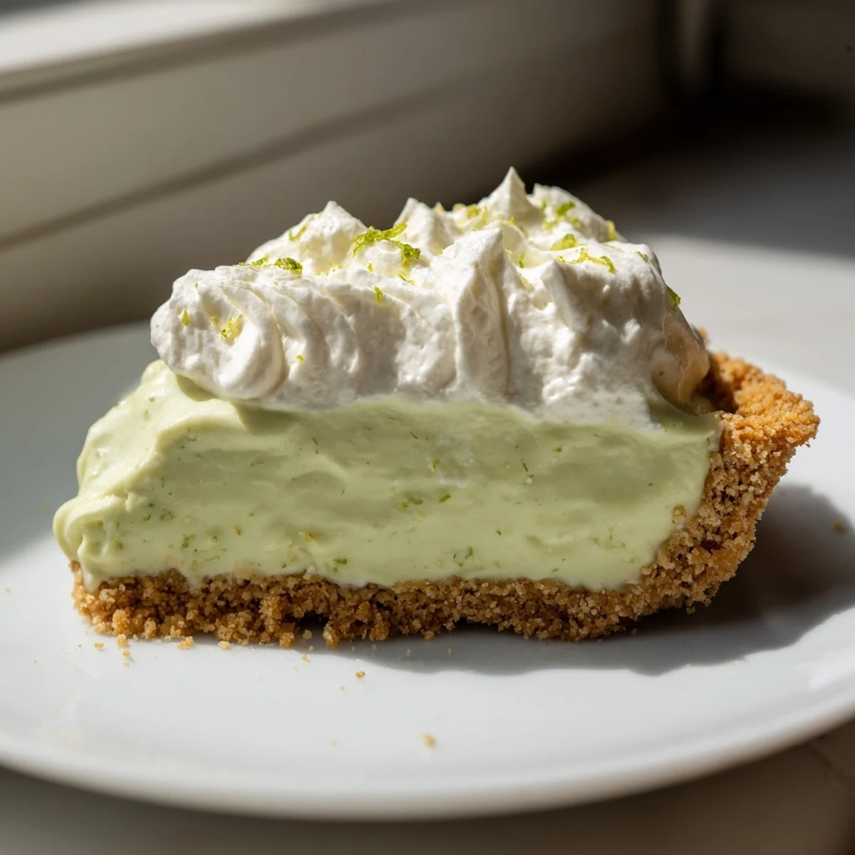 Overhead view of Key Lime Pie with Whipped Cream Topping in a graham cracker crust, showcasing the billowy, sweet topping texture.