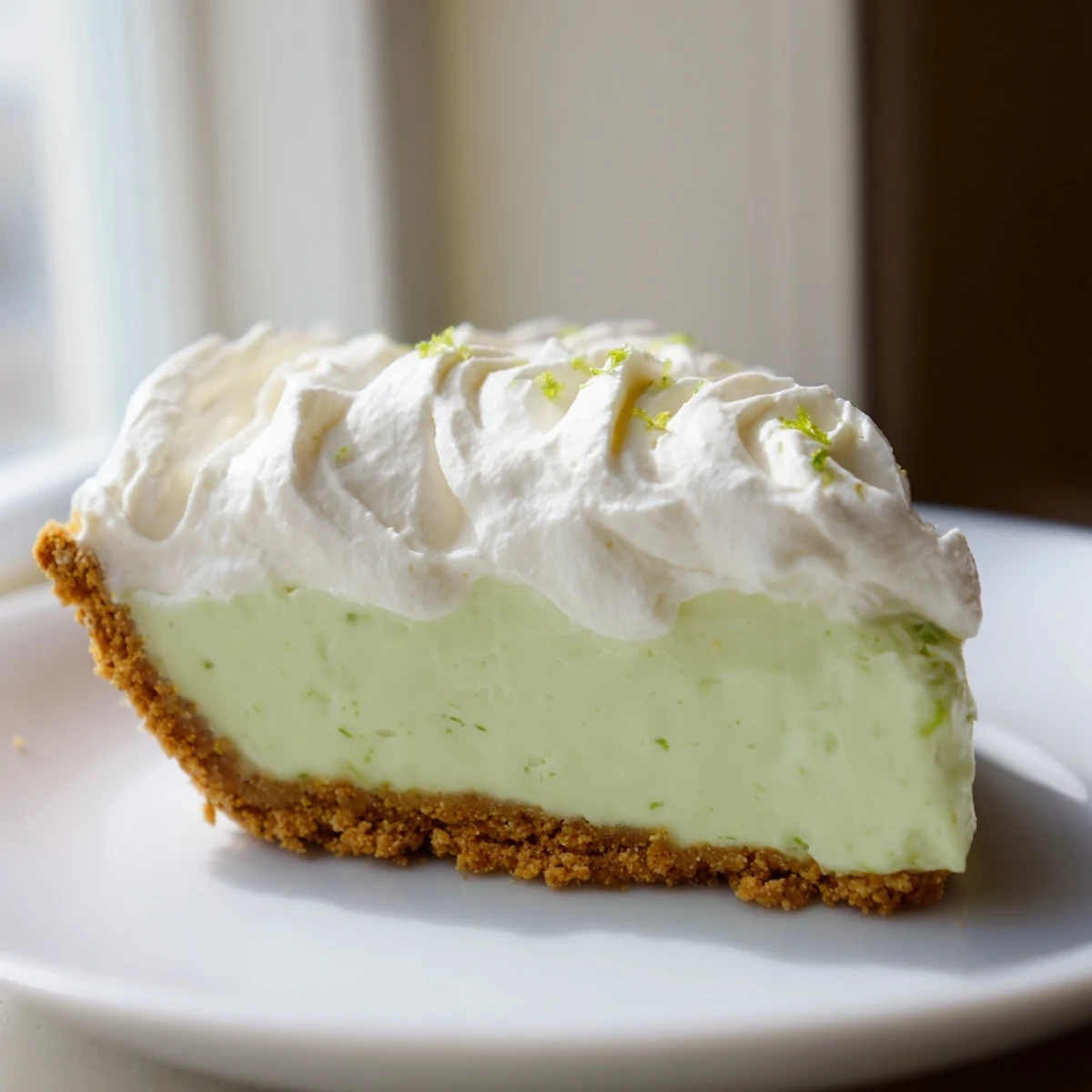 Freshly prepared Key Lime Pie with Whipped Cream Topping garnished with lime zest, ready to be served chilled from the refrigerator.