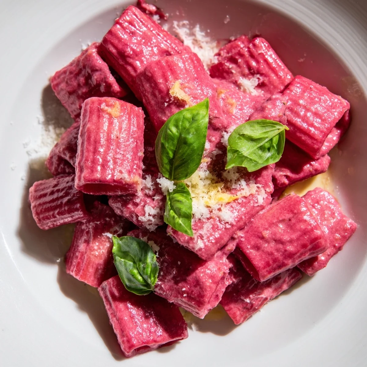 A close-up of vibrant Pink Pasta with Beet Cream Sauce coated in a glossy, magenta-hued sauce topped with fresh basil and Parmesan. 