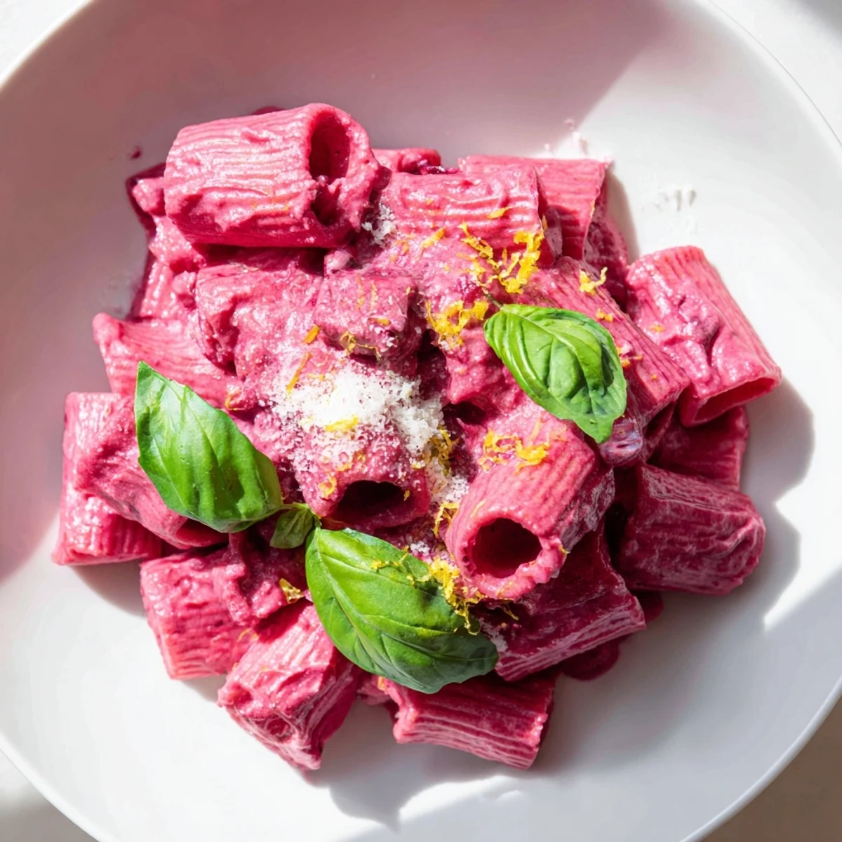 Steaming Pink Pasta with Beet Cream Sauce in a white serving bowl, featuring tender penne noodles and a creamy beet sauce with lemon zest. 