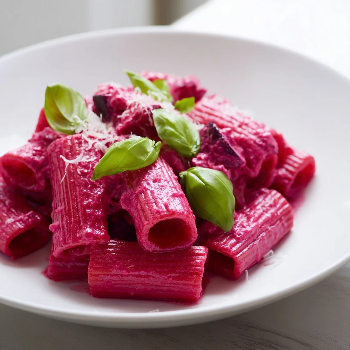Overhead shot of Pink Pasta with Beet Cream Sauce garnished with fresh basil leaves and extra Parmesan, served on a rustic wooden table.