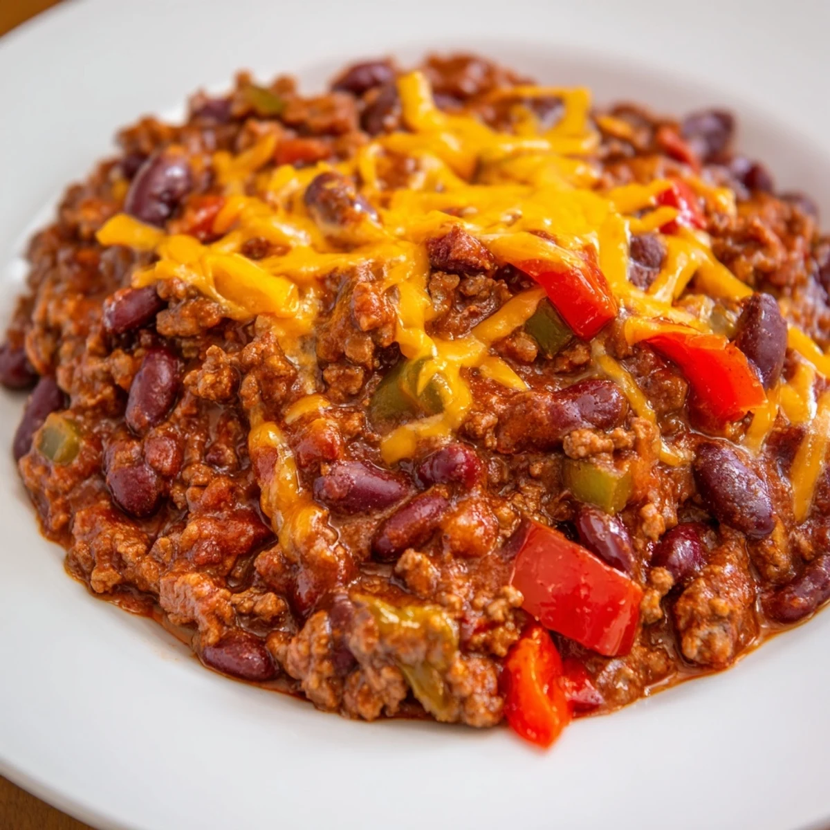 A bowl of steaming Spicy Beef Chili with Cheddar Cheese, garnished with sour cream and fresh cilantro. 