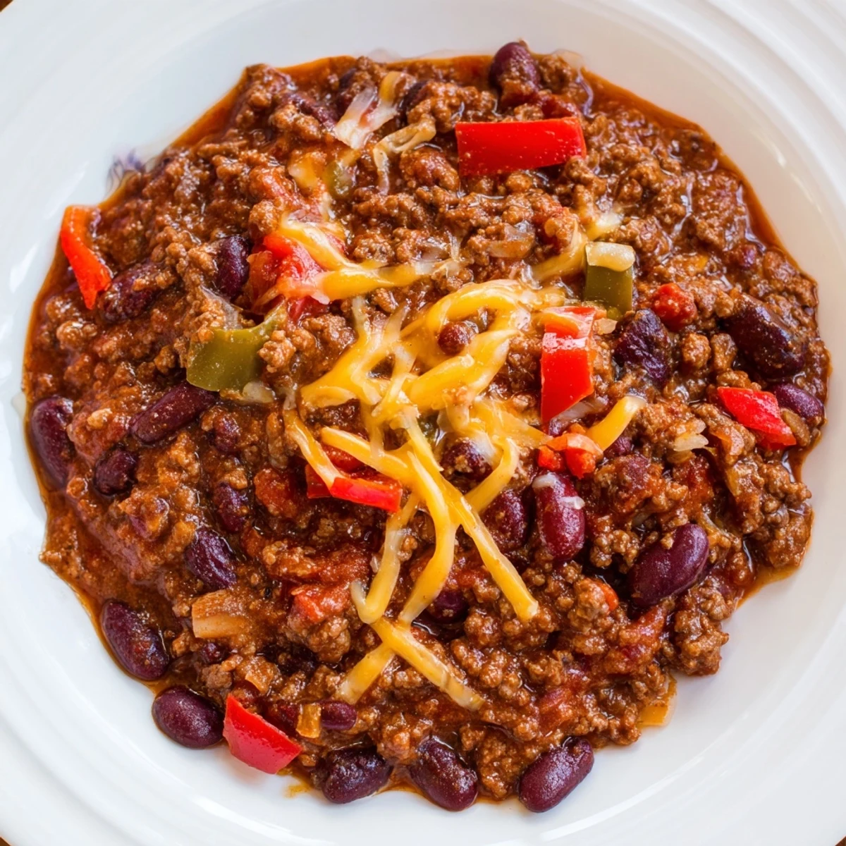 Steaming Spicy Beef Chili with Cheddar Cheese topped with scallions in a rustic ceramic bowl, ready to eat. 