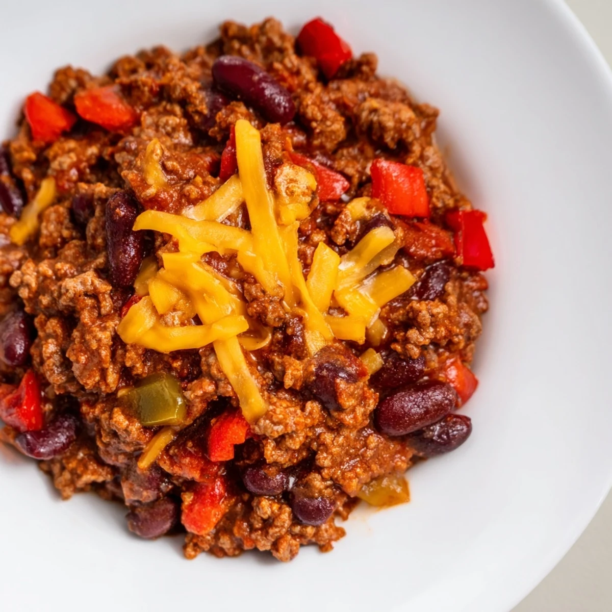 Spicy Beef Chili with Cheddar Cheese melting into a hearty bowl, perfect for cozy game day gatherings.