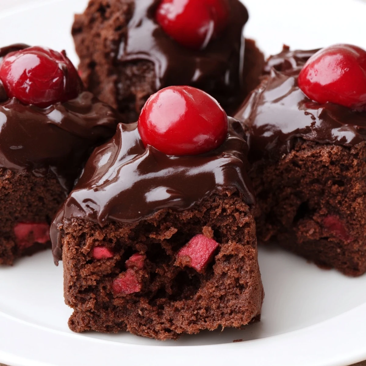 Rich, fudgy Chocolate Cherry Brownie Bites with glossy ganache topped with fresh cherries.
