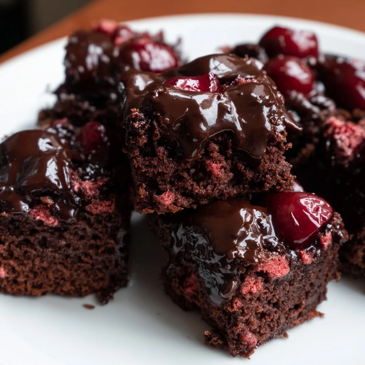 Individually portioned Chocolate Cherry Brownie Bites drizzled with ganache, ideal for dessert platters.