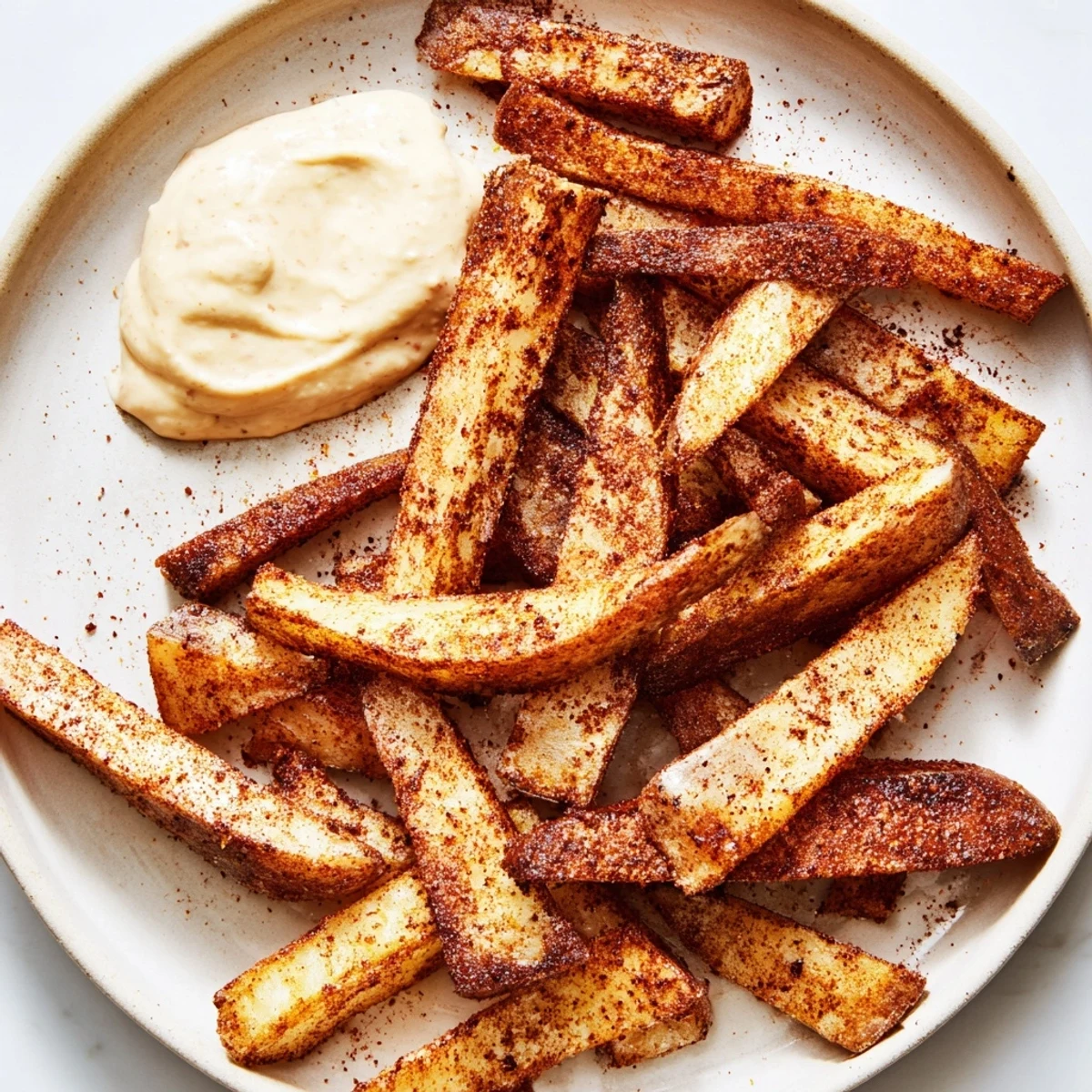 Golden-brown Cajun Spiced Fries with Spicy Mayo piled high on a rustic plate, showing crispy edges and a creamy dip.