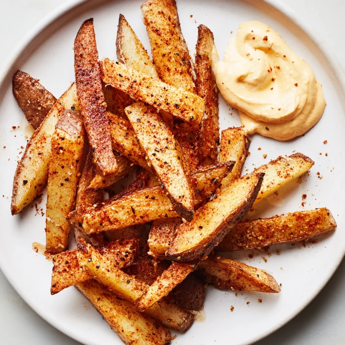 A close-up of oven-baked Cajun Spiced Fries with Spicy Mayo, seasoned with smoked paprika and fresh herbs.