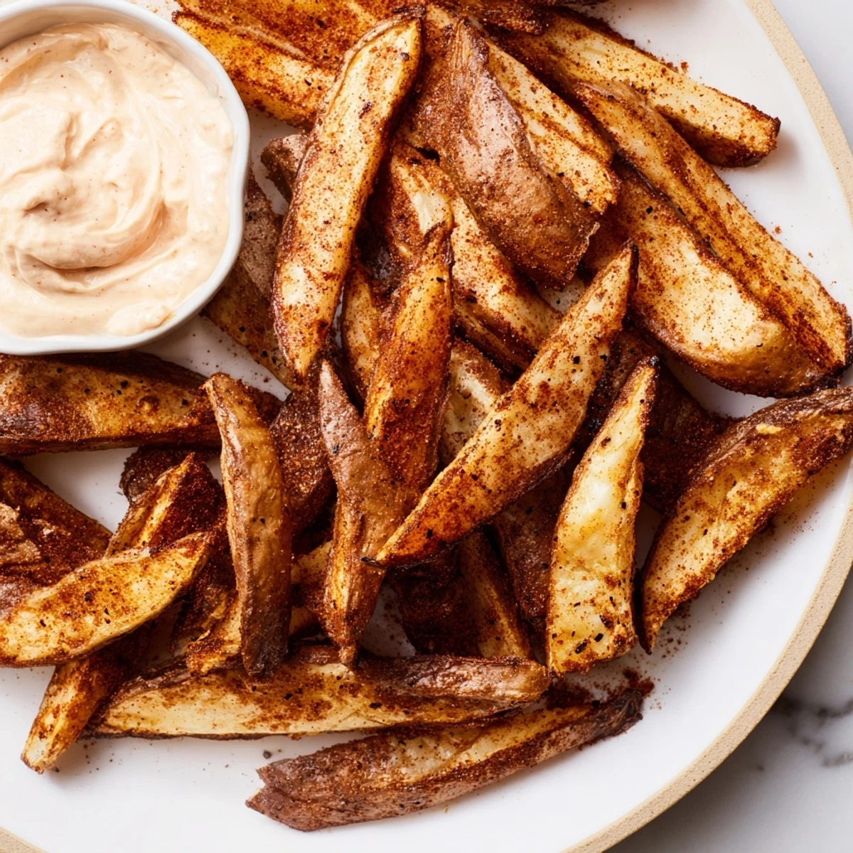 Cajun Spiced Fries with Spicy Mayo served as a savory snack alongside a burger on a wooden board.