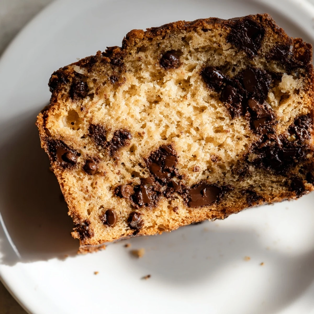 A slice of moist Chocolate Chip Banana Bread reveals melted chocolate chips and a tender crumb, perfect for breakfast or dessert.