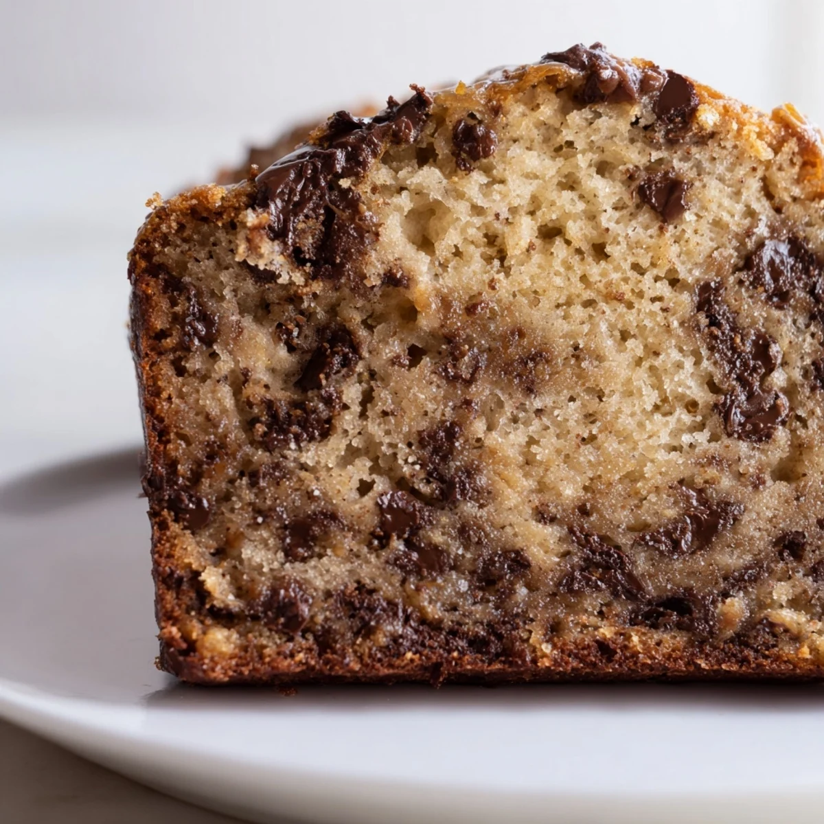Overhead view of a loaf of Chocolate Chip Banana Bread with golden crust and chocolate chunks, ready to be sliced and served.