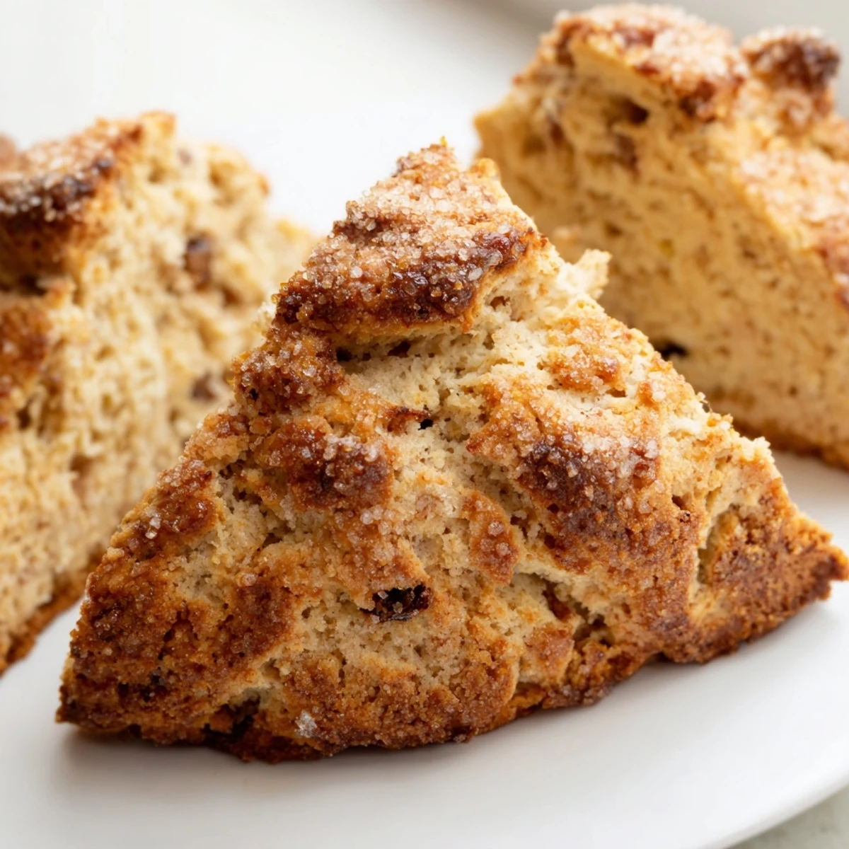 Golden brown Irish Soda Bread Scones, cut into wedges, reveal a tender, crumbly interior speckled with currants on a rustic wooden board.  