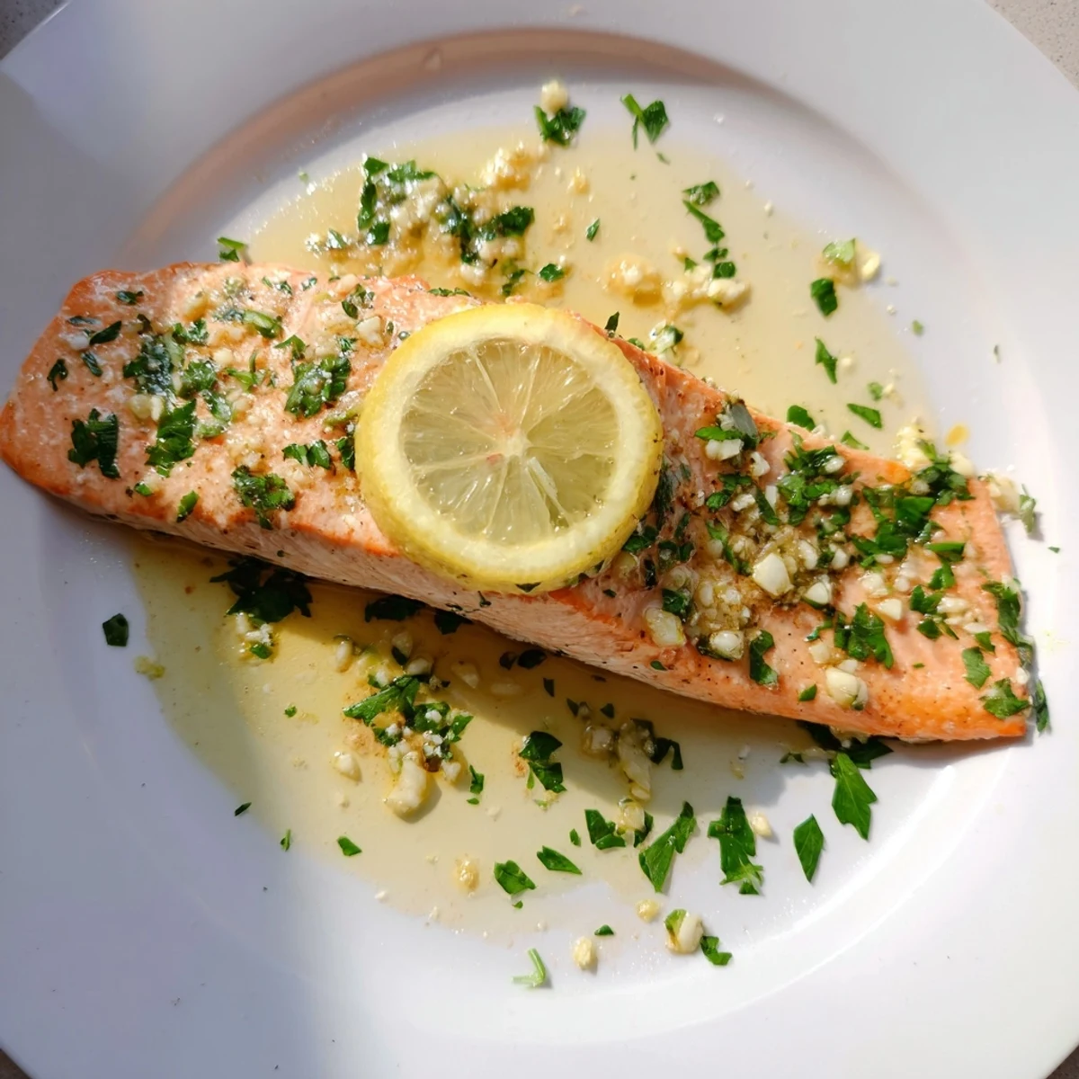 Perfectly baked Lemon Garlic Butter Salmon fillets glistening with buttery lemon sauce and fresh parsley garnish.