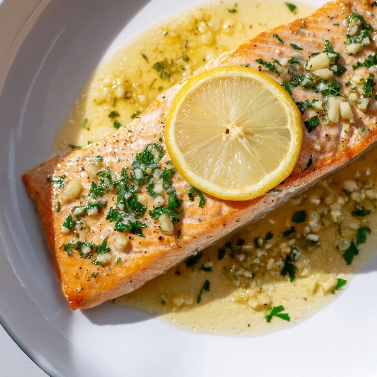 Savory Lemon Garlic Butter Salmon served alongside steamed green beans and fluffy white rice on a plate.