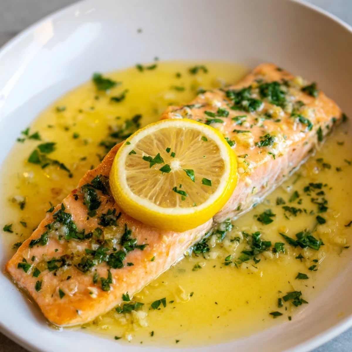 A close-up view of tender, flaky Lemon Garlic Butter Salmon topped with lemon slices and chopped herbs.