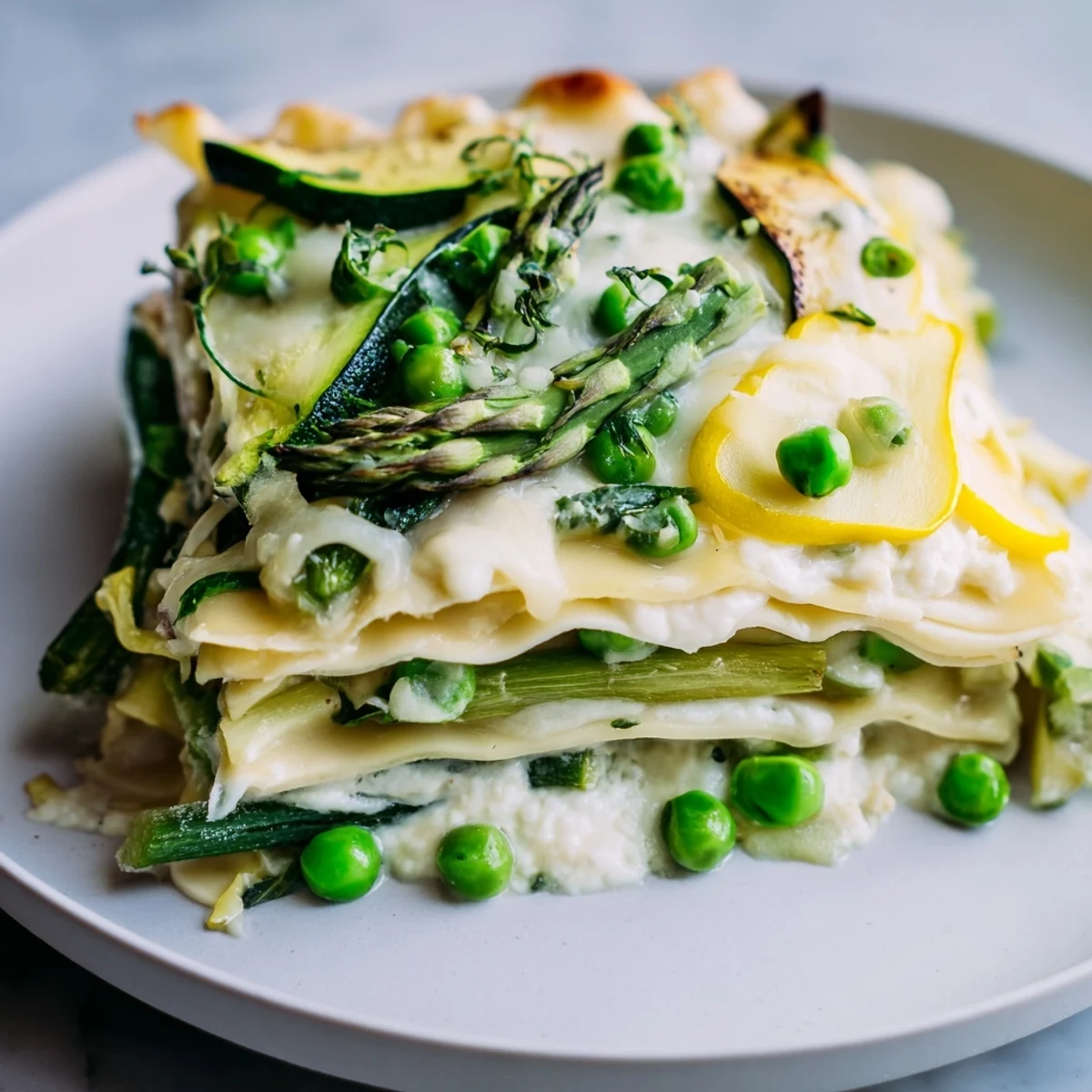 Spring Vegetable Lasagna with creamy white sauce features tender noodles, spinach, and melted mozzarella on a plate.