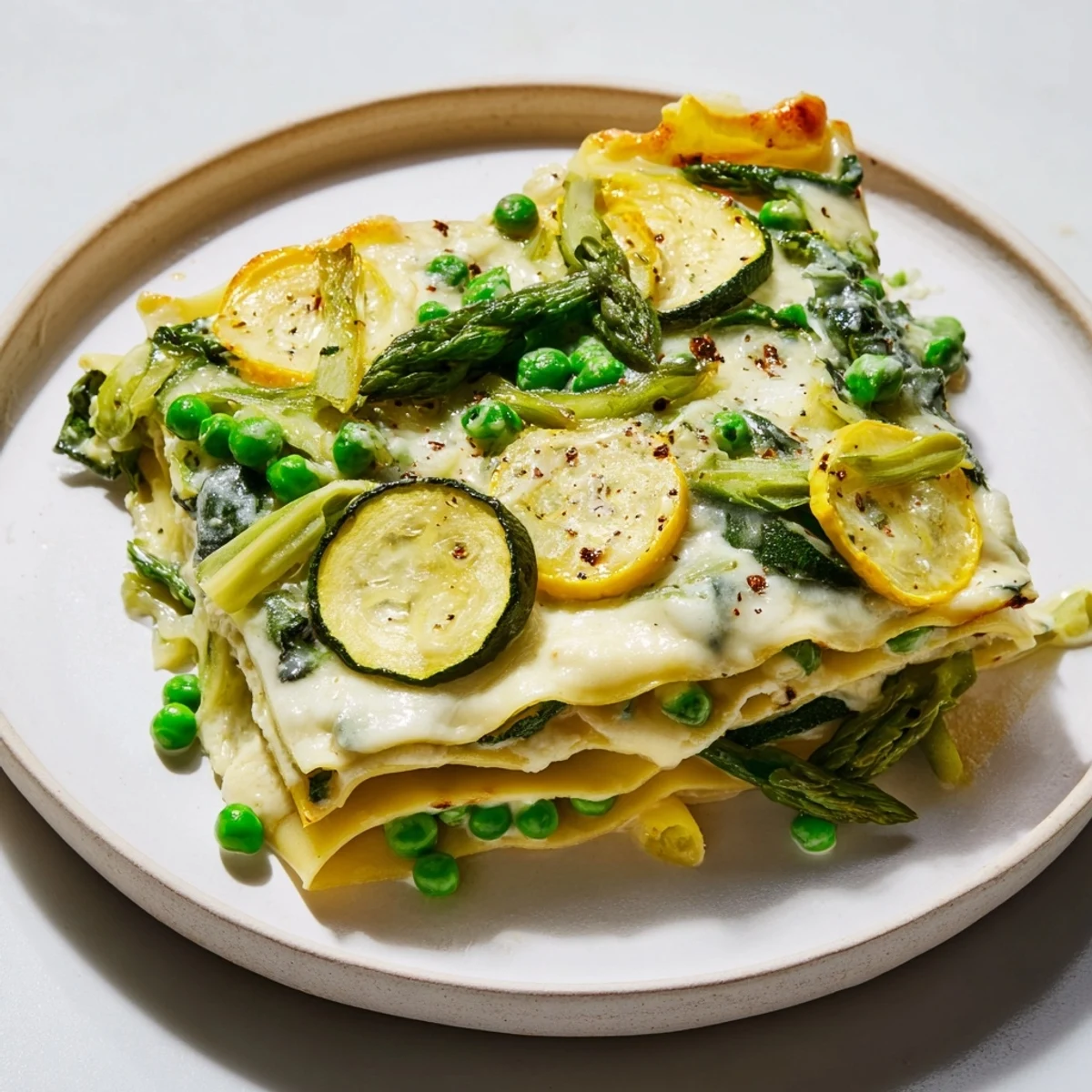 Golden Spring Vegetable Lasagna with white sauce showcases layers of zucchini, asparagus, and peas baked until bubbly.
