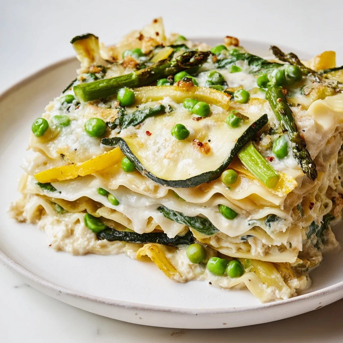 Vibrant Spring Vegetable Lasagna with white sauce offers a hearty slice of seasonal veggies in golden béchamel.