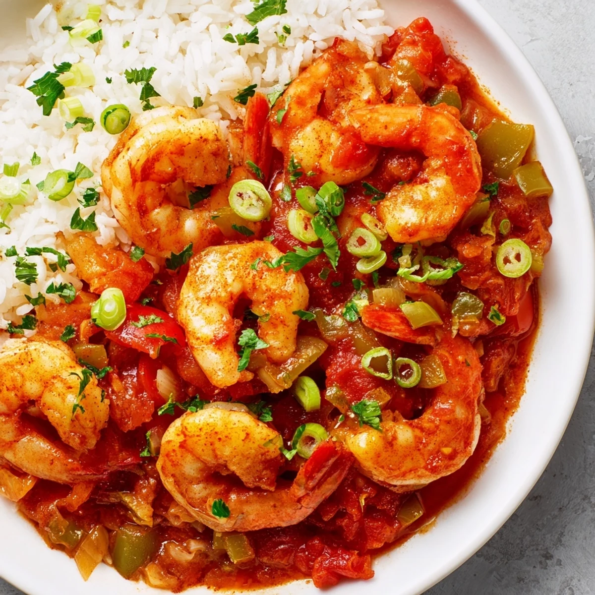 Vibrant Mardi Gras Shrimp Creole steaming over white rice with fresh green onions and parsley garnish, ready to serve.